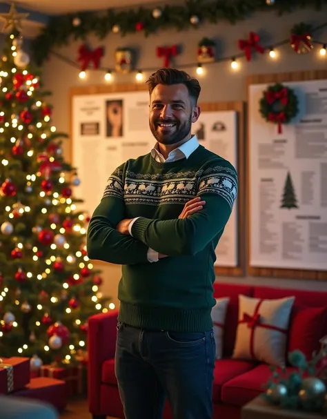 Design a charming, muscular, masculine man as the event organizer specializing in Christmas-themed events. He stands confidently in a festive office setting, wearing a stylish yet casual holiday outfit—perhaps a fitted sweater with a subtle Christmas patte...