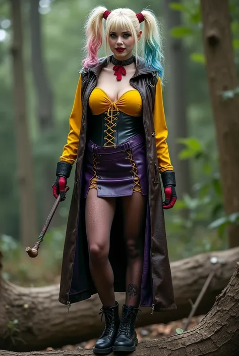 Harley Quinn,  cosplay , 30 years old, a three-dimensional photo ,  on a fallen tree , standing near a log, curly ,  blonde , bangs, very long hair,  big blue eyes ,  Big smile,  aggressive makeup, big, huge elastic bust, pear figure ,  narrow waist , (hol...