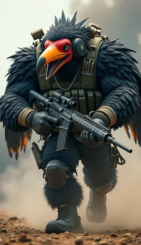 Visualize a massive, muscular hybrid of a toucan and an army soldier, charging forward with an aggressive, dangerous demeanor. Its body is covered with glossy black feathers, and its vibrant toucan beak is twisted into a fierce snarl, glowing, piercing eye...