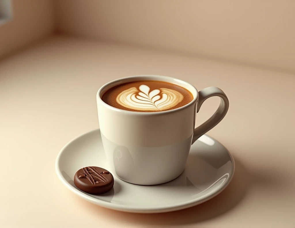 Mug with coffee in milk that looks appetizing in realistic style for a campaign, with plate and a round coffee tablet without shade 