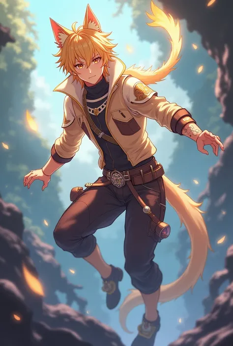 I want an official anime art of Genshin Impact type character aether that blond boy with the type of transformation of a furry cat that is not a woman please