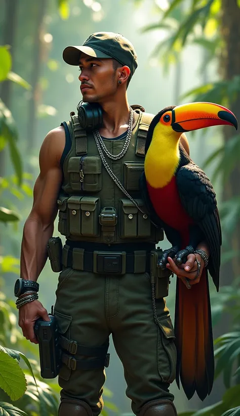 Picture a determined army soldier standing in a lush jungle alongside a vibrant toucan perched on a low branch. The soldier, wearing army shorts, tactical boots, and a fitted armored vest, exudes confidence with a backward cap and headphones with a mic. Si...