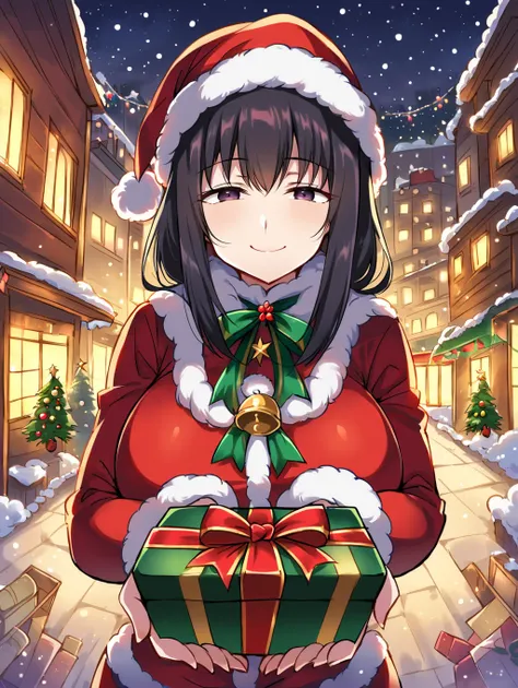 Christmas, beautiful girl, black hair,pattsun maegami, shortcuts, Santa cosplay in the truck, holding a gift box with both hands ,Focus your gaze on the viewer, handing a present box with both hands to viewers, snows,Snowy city background ,night, dark eyes...