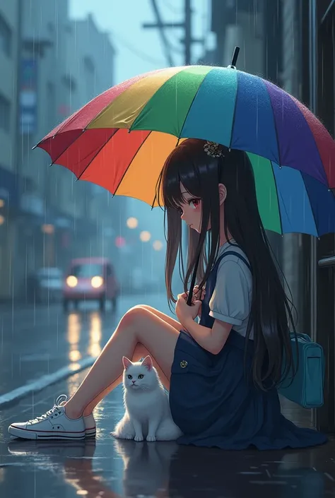 Anime girl (ethnicity:1.1), (age:1.1), (detailed clothing:1.2), (accessories:1.1), (detailed hairstyle:1.2), (facial features:1.3), (expression:1.1), (body type:1.1), (pose:1.2), sitting on wet ground, holding umbrella, with a white cat (detailed fur:1.1),...