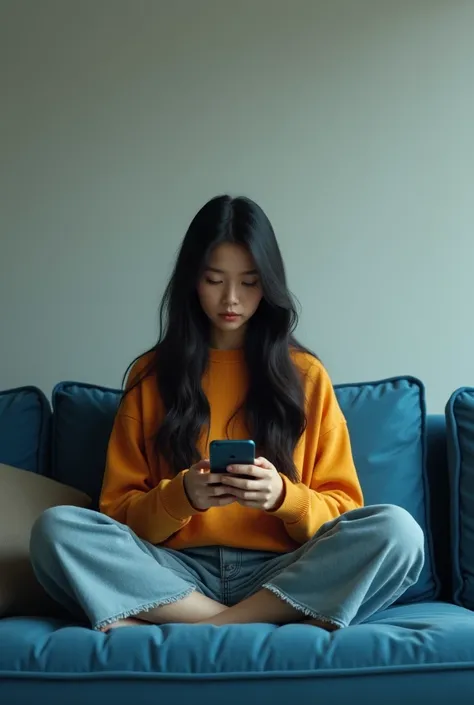 young Asian woman with long hair wearing vibrant casual clothes sitting cross-legged on a blue sofa in a minimalist living room holding a phone and a sullen expression