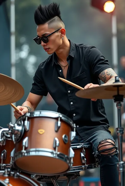 Indonesian man with handsome face mohawk hair wearing black songket shirt wearing ripped jeans wearing boots wearing sunglasses playing complete drum instrument with background outside concert stage