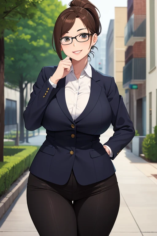 (best quality), (masterpiece), 1 girl, early 20s, huge heavy breasts, thick, thick lips, wide hips, thin waist, brown hair, ponytail, glasses, smiling, wearing white button up long sleeved shirt, wearing black blazer