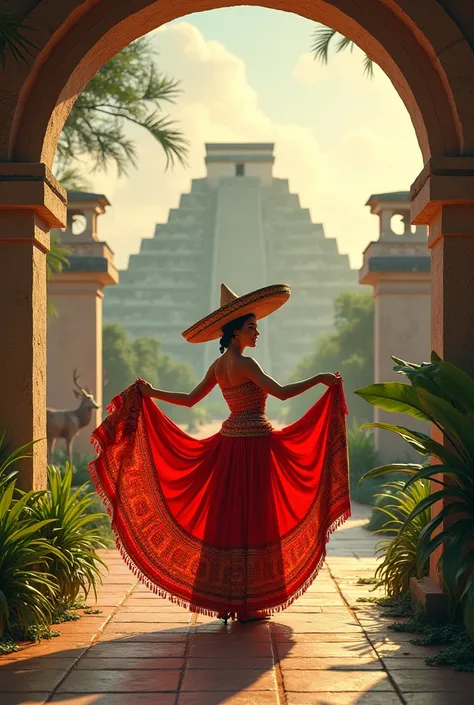 Create an image for a wall
for a Mexican restaurant located in Miami with a Latin Mexican essence with minimalist and elegant Yucatec touches without nopales, Now put on that image a Yucatecan costume and in the background Chichen Itza and a deer attractiv...