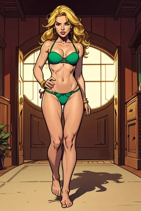 Cartoon Adult  rebecca newt jordan wearing a green bandeau bra with matching thong, barefoot, golden hair loose on her waist.