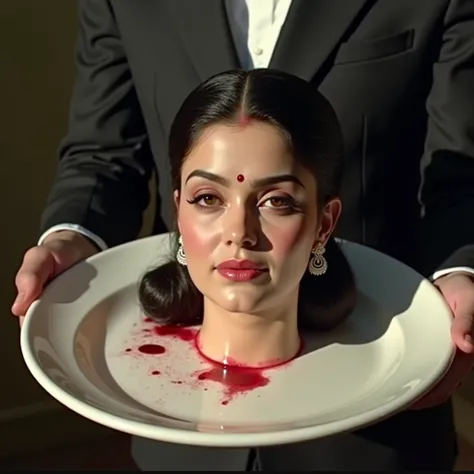 Beautiful chubby Actresss decapitated head put on platter held by waiter. Few blood spots around the neck. Amputated head has dark pony tail hair style, bindi on forehead precisely between eye brows, eyes closed, mouth sightly apart, wearing ear ring, and ...