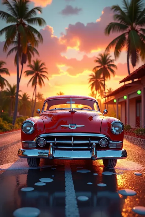 classic car, Car Wash Bubble ,Roadside , Coconut Tree,color, Sunset