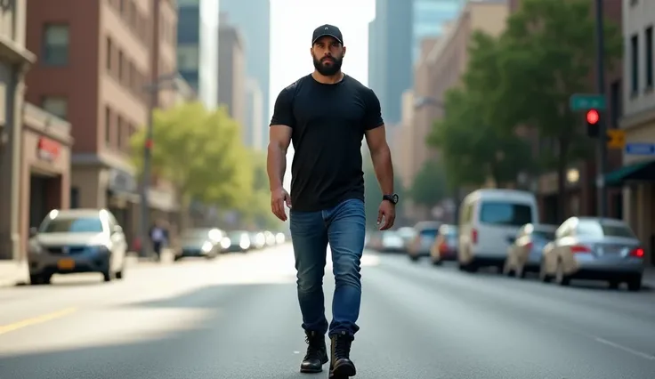 1 ((Rugged, muscular man)), 35 years old, walking confidently down the center of a busy urban street in full body view. He wears blue jeans, black military boots, a plain black t-shirt, and a baseball cap, with black hair slightly visible under the cap and...