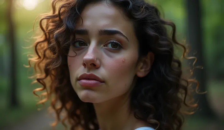 beautiful 24 year old woman is crying with tears on her face. woman is white, with curly hair, background is forest with light shine sparkles.