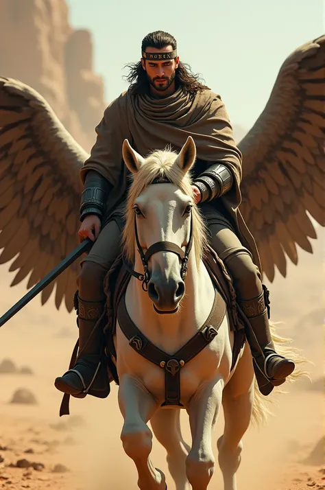 a handsome man dressed as a swordsman and wearing a headband that says , NOBEX ,  is riding a white horse with blue wings walking towards the front of the focused face look at the direction of the camera against the desert background