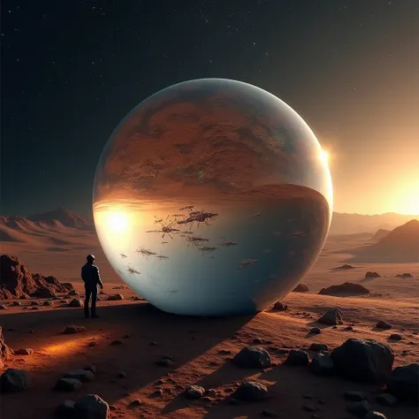 Photo réaliste naturelle et sobre. Sphère en verre sur Terre avec dedans un écolier qui fait ses devoir sur portable. Fond ciel étoilé avec des salves de Starship qui foncent vers Mars. Détails précis ombres lumière contraste