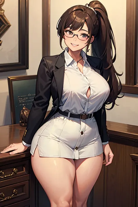 (best quality), (masterpiece), 1 girl, early 20s, huge heavy breasts, thick, thick lips, wide hips, thin waist, brown hair, ponytail, glasses, smiling, wearing white button up long sleeved shirt, wearing black blazer