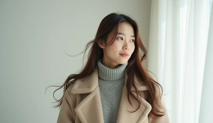  Japanese woman with a viewing angle of、 The long layered hair down to the shoulders is gently flowing in the wind。 Hair color is ash brown、A glossy shine envelops the entire hair 。  she wears a trendy oversized wool coat and 、 a classic style with a turtl...