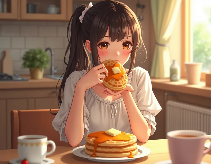 A beautiful girl has the most delicious breakfast with butter!