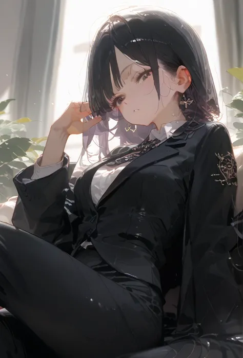 1girl, Wearing a black suit, 