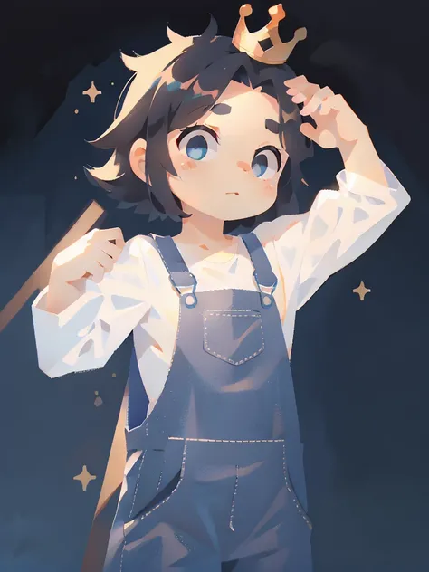 1boy, black hair, neutral face 😐, black eyes, void background, black overalls, t posing, clear blue sky, small crown on the right side of his head