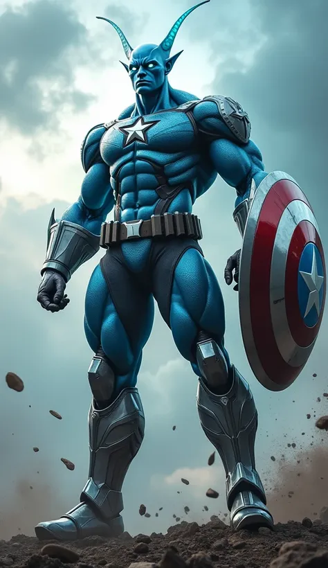 "A highly detailed, realistic depiction of a hybrid character combining elements of Dragon Balls Cooler, MCUs Captain America, and a dangerous, formidable appearance. The character stands imposingly, with the towering, muscular physique of a superhero enha...