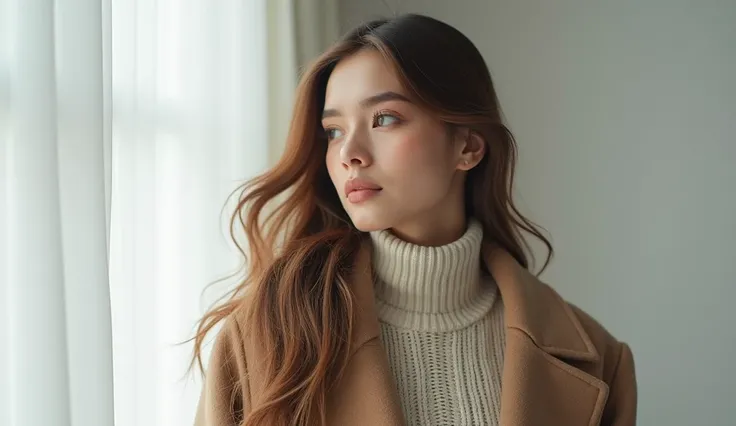 woman、 The long layered hair down to the shoulders is gently flowing in the wind。 Hair color is ash brown、A glossy shine envelops the entire hair 。  she wears a trendy oversized wool coat and 、 a classic style with a turtleneck knit as the inner layer 。The...