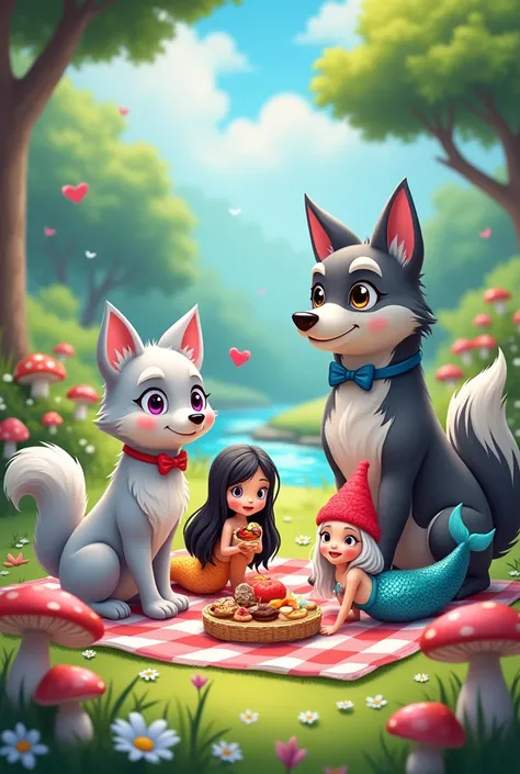 A female grey  dog with a pink bow. A male wolf with bow tie. mermaid with black hair and a female gnomie having a picnic, cartoon