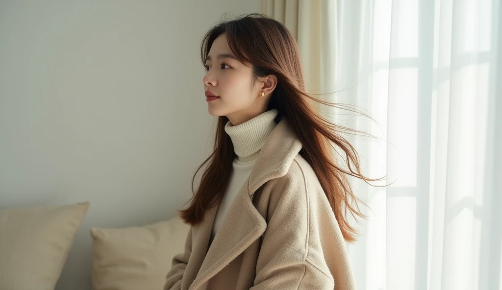  Japanese woman with a viewing angle of、 The long layered hair down to the shoulders is gently flowing in the wind。 Hair color is ash brown、A glossy shine envelops the entire hair 。  she wears a trendy oversized wool coat and 、 a classic style with a turtl...