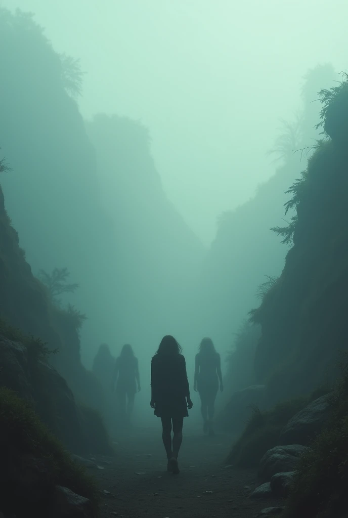 The valleys floor, where ghostly, translucent silhouettes of women and lost opportunities appear, fading in and out of the mist. The figure walks through them, head lowered, as the past surrounds and haunts them. The air is thick with melancholy and intros...