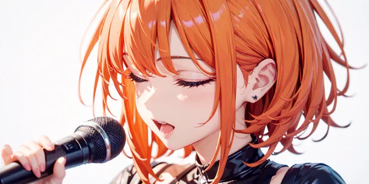 microphone、Singing in a whisper、 pretty girl、face、front、 orange hair