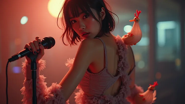 A beautiful Japanese girl in her 20s is wearing rock tight clothes, short skirt and boots. She has a small toy screaming chicken in her hair. She is handsome and sings with a microphone. She is very energetic and faces the camera. She has a toy screaming c...