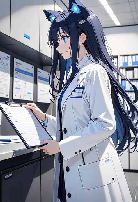 8K Ultra High-Quality, ultra-detailed, High quality, dark blue long hair, blue eyes, cat ears, white lab coat, skirt, holding a clip board, side view, talking, close up, full body, office background