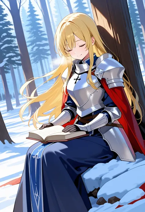 score_9,score_8_up,score_7_up,rating_rating,source_manga,masterpiece,best quality,hyper detailed,super fine illustration,8k,cinematic angle,BREAK  1girl,29yo,medium long hair,blonde hair,closed eyes,smile,knight armor,dress,mantle,(holding_book),sitting on...