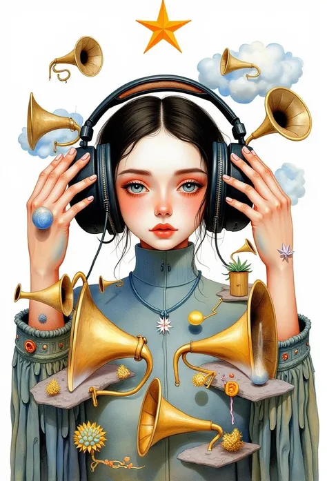                  close-up  ,   A beautiful woman holds beautiful big headphones for music worn over her head with wires connected to her heart, There are lots of gold gramophones around aimed at her  , Painting (medium),          ,One,    without people,  ...