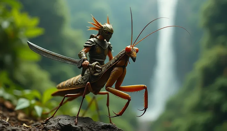 Hyperrealistic macro photograph of a fierce warrior, armed with a tiny sword and shield, riding on the back of a praying mantis. The warriors armor is adorned with intricate carvings. A vibrant jungle setting with lush vegetation and a cascading waterfall ...