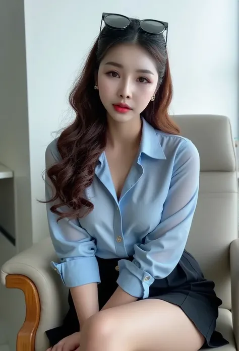 25 years old Korean girl, long hair, wearing a light blue shirt and a black mini skirt, looks like a sexy office lady, sitting in a sexy pose on an office chair. She stares at the viewer. The light hits her skin, making her stand out. (Natural light, good ...