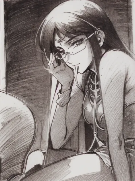 Black and White, ((sepia)), ((pencil drawing )), ((  Masterpiece , Best Quality)), (( 1 girl )), Anime,  black hair, Dark Skin, Shiny glasses lenses, Mouth closed and expressionless,  sitting, She holds a glowing sphere in her hand.、Two other glowing spher...