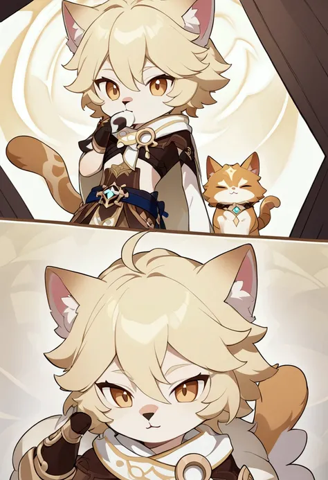 Official anime art of Genshin Impact type character Aether that blond boy with type transformation of furro furry cat that not that woman #Genshin Impact #aether # transformation