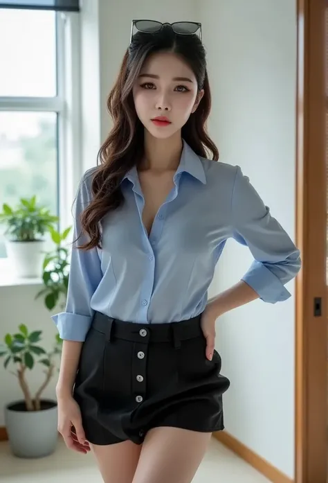 25 years old Korean girl, long hair, wearing a light blue shirt and a black mini skirt, looks like a sexy office girl, standing with her legs up in a sexy pose, office room, she stares at the viewer, the light hits her skin, makes her stand out (natural li...