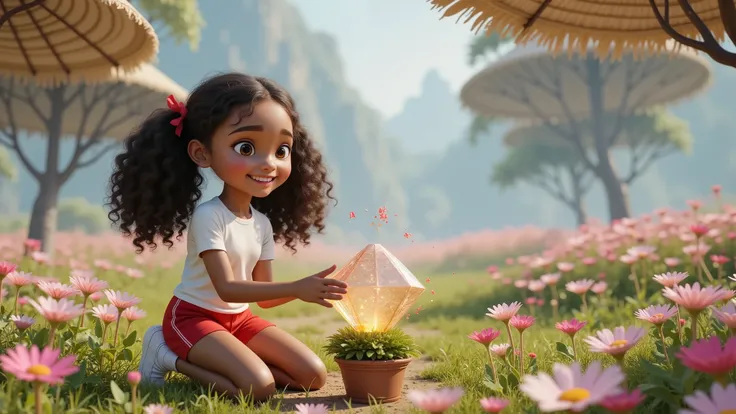 Alice kneels in the field of flowers with a tranquil smile, planting magical seeds that quickly grow into crystal trees. Her eyes reflect the glow of the surrounding flowers. Style: Inspired by films, characters, and promotional 3D posters in the Disney-Pi...