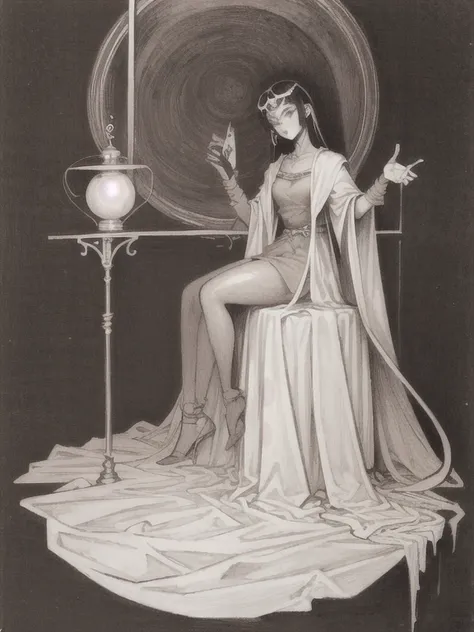 Black and White, ((sepia)), ((pencil drawing )), ((  Masterpiece , Best Quality)), (( 1 girl )), Anime,  black hair, Dark Skin, Shiny glasses lenses,  sitting, She holds a glowing sphere in her hand.、Two other glowing spheres orbit her..