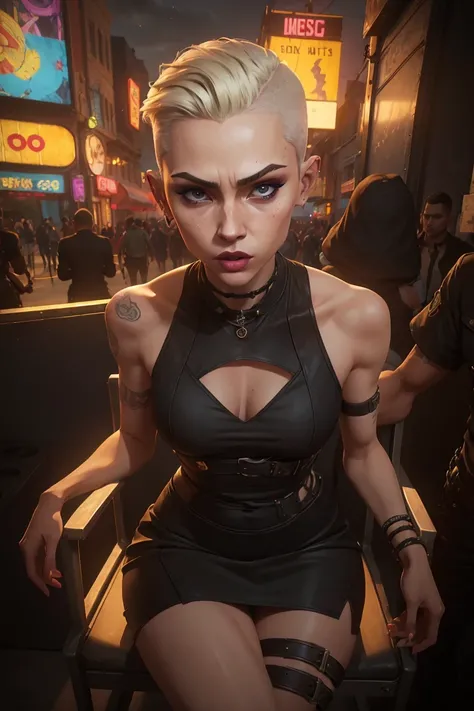 (Masterpiece:1.2, Best quality, cyberpunk), (real photo, Intricate details), (1lady, solo, Slender body, small breast, shows tongue)，old face  Experiment with appearance：Shave your head or white barbershop style short thick hair color,  Barbershop style, Q...