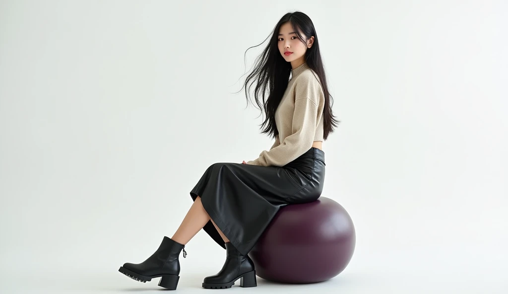  Japanese woman sits on a modern eggplant stool 、 Dynamic long hair down to the shoulders 、Side to side scene 。 The hair color is natural black and 、 spotlights highlight hair movement 。 She wears a trendy cropped sweater and leather midi skirt、 Urban styl...