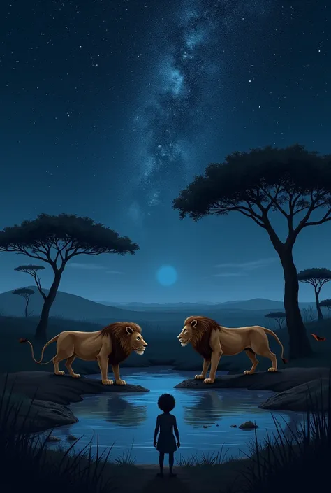 Une image de la savanne africaine avec des lions buvant de leau dans une nuit sombre. Et un enfant  regzrdant le ciel remplis de millions détoiles. Avec comme titre Terres Noires Reconnexion avec la tradition 
Fait boire les lions