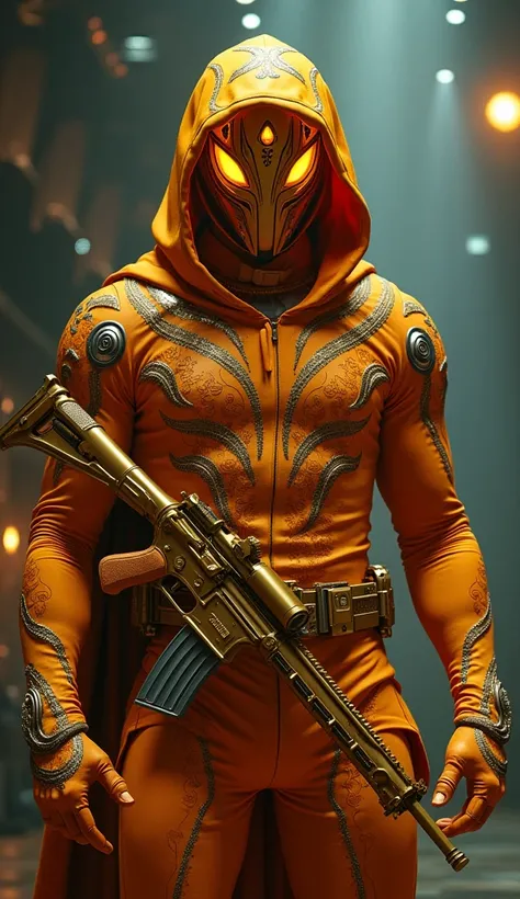 "A full-body character inspired by Squid Game, dressed in a saffron-orange futuristic suit with gold detailing and intricate henna patterns glowing faintly across the fabric. The suit is streamlined and intimidating, with metallic elements on the arms and ...