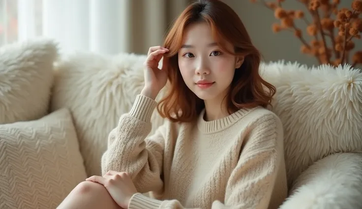  Her hair color is warm beige, perfect for the winter air 、Scene of a Japanese woman sitting on a soft sofa 。 Her medium hair is lightly trimmed over the shoulder 、 Her hair is warm beige, perfect for the winter atmosphere 。 She wears a trendy knit setup 、...