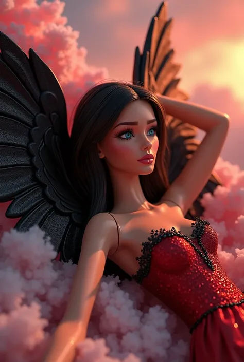 Most wonderful brunette angel she its sad and crying Barbie style 3d shes laying down in the words Luny in rwo shades of colors black and  red the borders around of the words Luny color golden. the clothes color red and black the  Angel wings color black w...