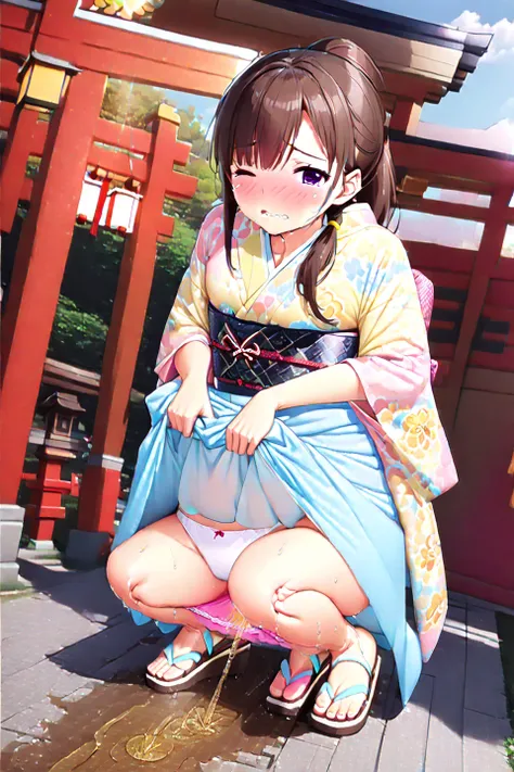 NSFW, (masterpiece, top quality, best quality, highly detailed:2),(anime:1.2), (anatomically correct:2),(full body:1.7), (leaning forward:1.7),(Peeing Woman, solo:2),(Woman peeing while wearing panties:2), (Pastel Colors kimono, Maxi Length:2),(outdoor, Sh...