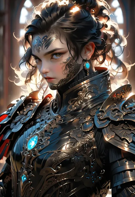 breathtaking A  very detailed bust  Digital Painting  of a powerful knight in armor holding a large, Shield decorated with heroic poses, An extremely detailed full-body knight in shiny black armor with intricate patterns, Standing in a dramatic pose,Fighti...