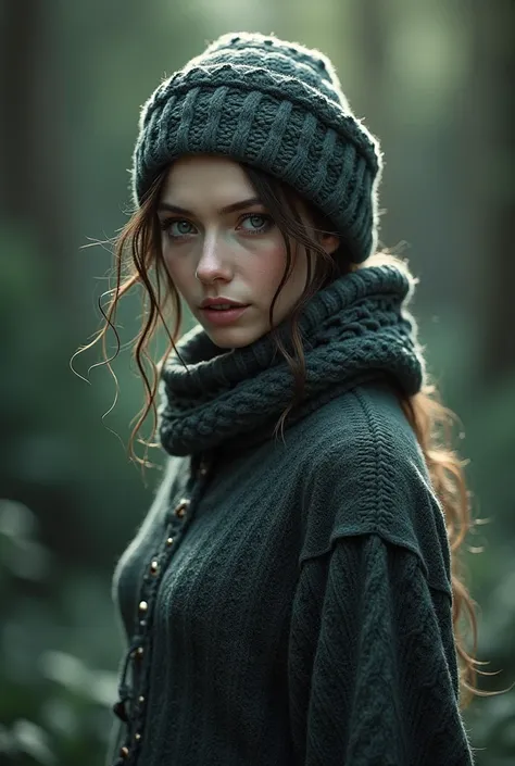 A sorceress in a knitted warm dress,  high definition ,  perfect facial features , details 